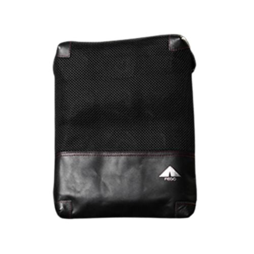 A black seat cover made of leather and air mesh, featuring a structured design with a visible brand logo on the lower right corner.