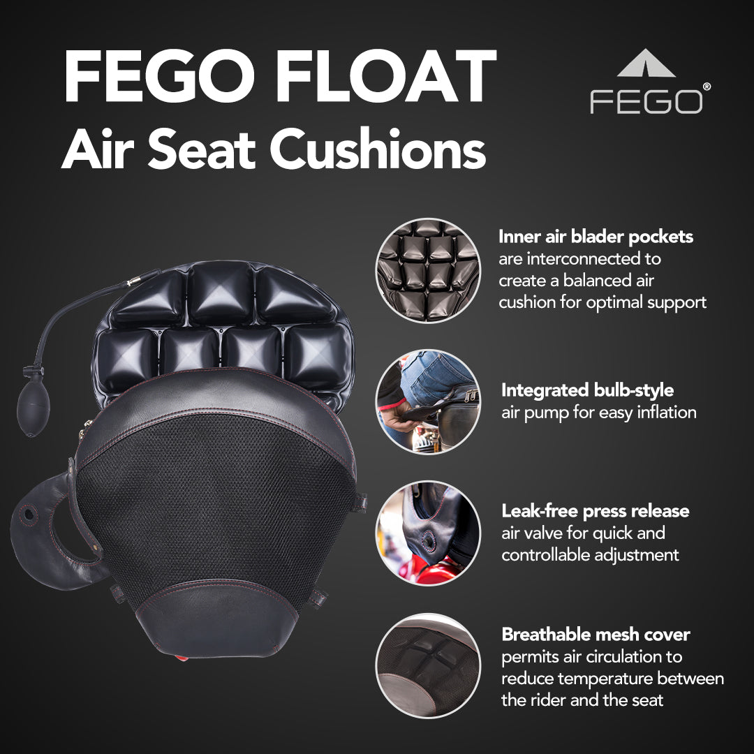 FEGO Float Advanced – Air Cushion Black Leather Seat Add-On with Air Suspension Technology and with Built in air Pump for Motorcycle or Scooter Rider seat (Black)