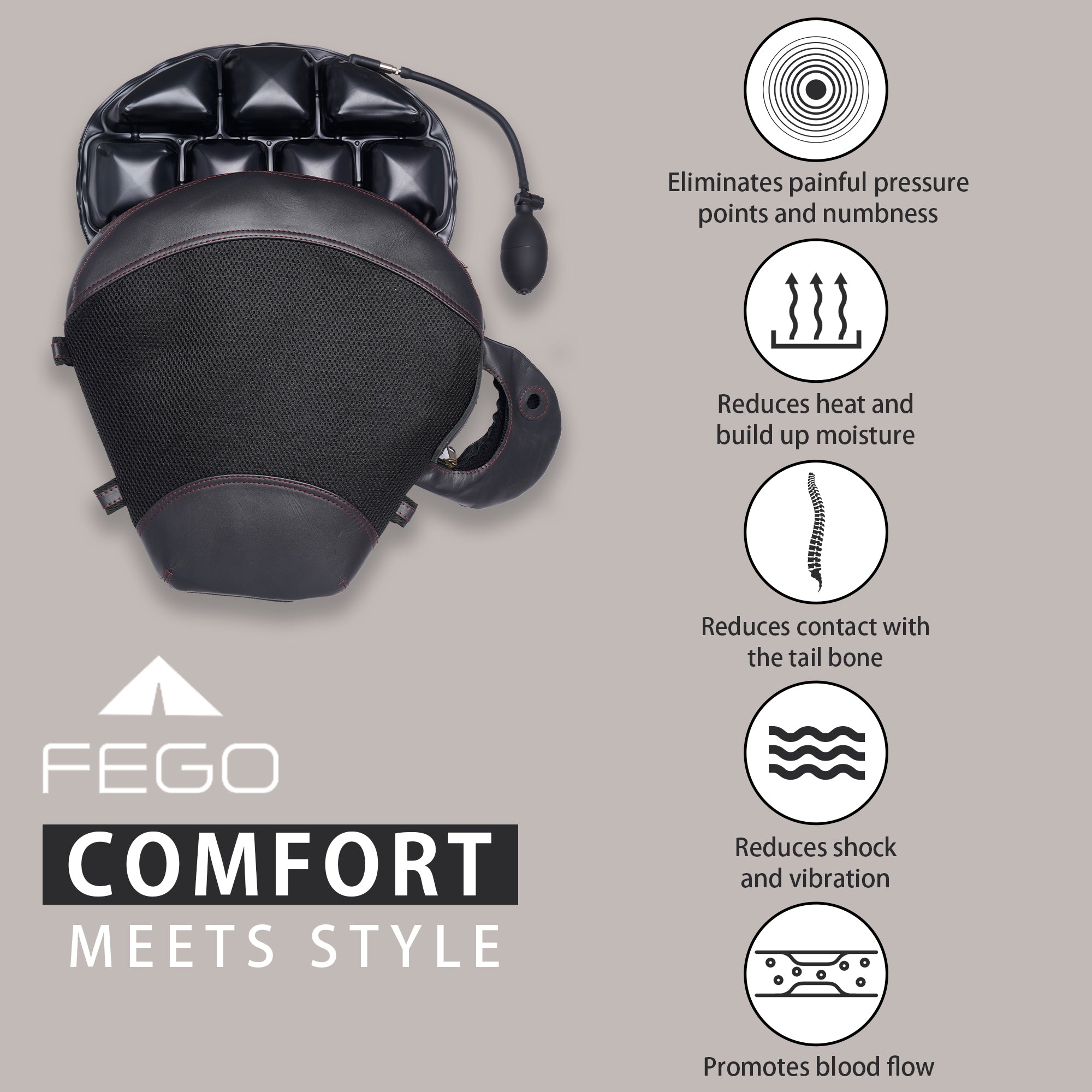 FEGO Float Advanced – Air Cushion Black Leather Seat Add-On with Air Suspension Technology and with Built in air Pump for Motorcycle or Scooter Rider seat (Black)